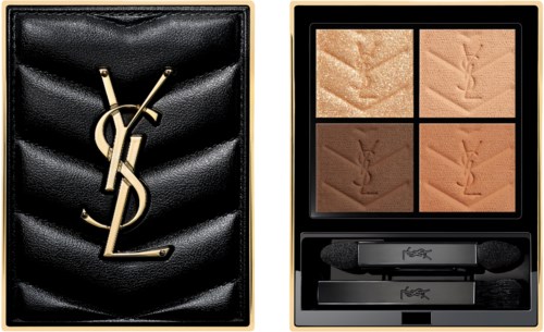 En svart clutch med guld YSL-logga och en ögonskuggspalett med fyra nyanser och två appliceringsverktyg.