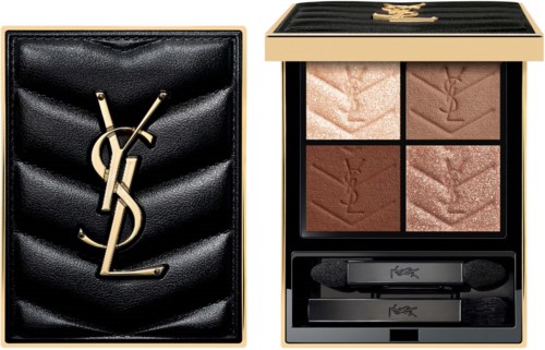 A luxury makeup palette with four eyeshadows in a gold and black case, accompanied by a black Yves Saint Laurent pouch.