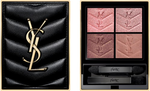 Ein Make-up-Palette mit vier rosa und braunen Farbtönen und einem schwarzen Behälter mit Yves Saint Laurent-Logo.