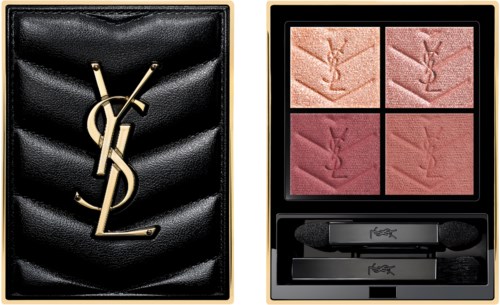 Lyxig makeuppalett med fyra rougefärger och en svart applikator, i ett svart och guldfodral med en logotyp.