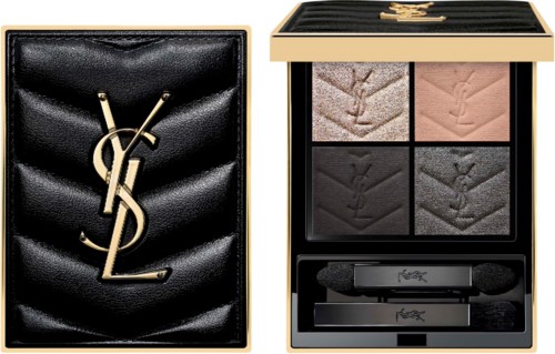 Eine Makeup-Palette mit vier Farben und einem schwarzen Etui mit goldenem Logo. Es gibt auch eine schwarze Tasche oder Hülle mit goldenen Initialen.