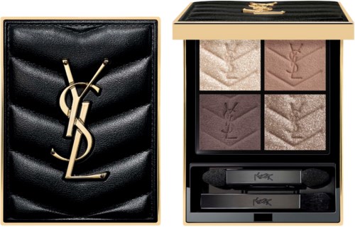 A black Yves Saint Laurent pouch and a matching eyeshadow palette with four shades. The palette has a logo and sponge applicator.