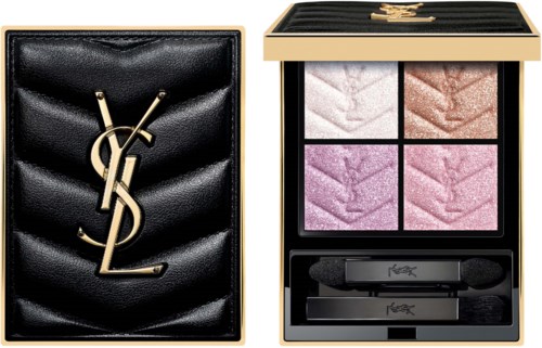 Een make-up palette met vier glanzende tinten en borstels, met Yves Saint Laurent-logo op een zwarte leren koffer.