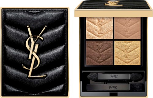 A Yves Saint Laurent makeup palette with four eyeshadows and a small mirror, next to a black leather pouch with gold YSL logo.
