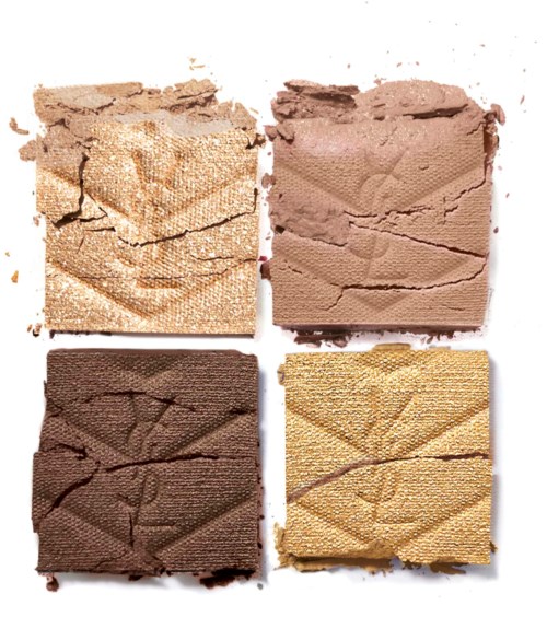 Four crushed eyeshadow powders in different shades: beige, pink, dark brown, and gold.