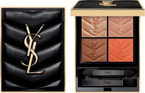 Luxus-Make-up-Palette mit vier Farben in einem goldenen Etui und YSL-Logo Clutch.