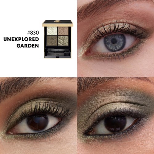 Das Bild zeigt eine Lidschattenpalette namens 'UNEXPLORED GARDEN' mit vier Farben und drei Fotos von Augen-Make-up.