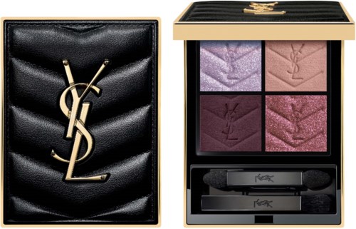 Eine luxuriöse Yves Saint Laurent Make-up-Palette mit vier lila-pinkfarbenen Tönen und einem schwarzen Etui mit Goldlogo.