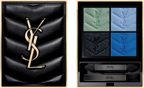 En lyxig Yves Saint Laurent sminkset med fyra färgglada ögonskuggor och två borstar i ett elegant svart och guldfodral.