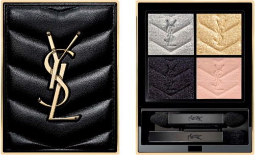 En lyxig Yves Saint Laurent makeup-palett med fyra nyanser och två läppglansstift, i svart och guld förpackning.