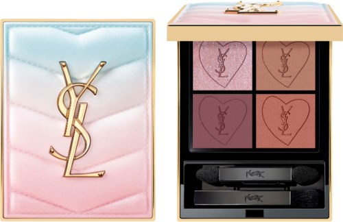 Ein Yves Saint Laurent Make-up-Palette in rosa und weiß mit YSL-Logo und eine geschlossene rosa Palette.