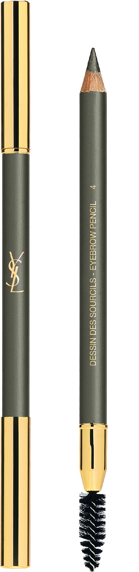 En YSL-loggpenna och en brynpensel med spoolieborste, båda i svart med gulddetaljer.