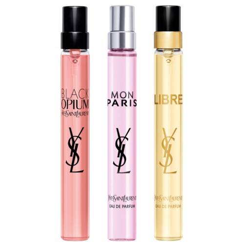 Kolme Yves Saint Laurent -hajuvesipulloja, joissa on musta, hopea ja kultahtinen korkki ja pinkki, violetti ja keltainen neste.