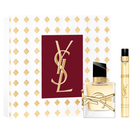 YSL-logo punaisella taustalla, YSL-hajuvesipullot ja roll-on-kuva marmorointipohjalla.