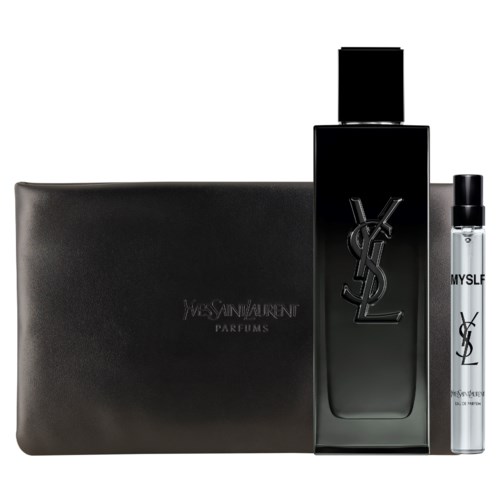 Yves Saint Laurent musta hajuvesipullo, jossa on YSL-logo, ja mukana hopeinen roll-on näytekokoinen ja musta laatikko.
