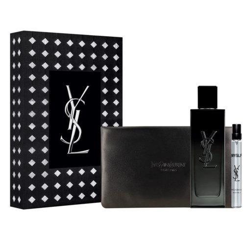Yves Saint Laurent YSL hajuvesipakkauskokoelma mustalla pullolla, laatikolla, pienellä suihkepullolla ja harmaalla pussilla.