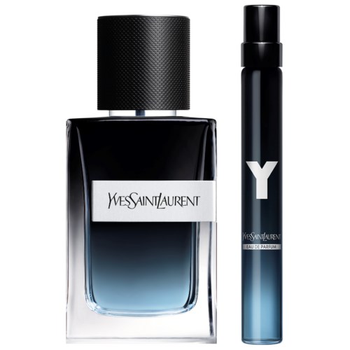 Yves Saint Laurent Y Eau de Parfum -pullo ja vastaava hajuvesiroolin, molemmat mustassa ja sinisessä liukuväripakkauksessa.
