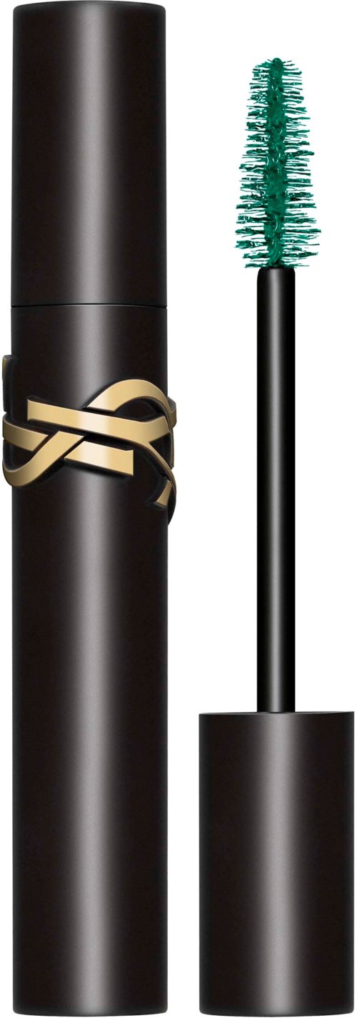 Ein schwarzer Mascara-Tub mit goldenem YSL-Logo und ein grüner Mascara-Bürste daneben.