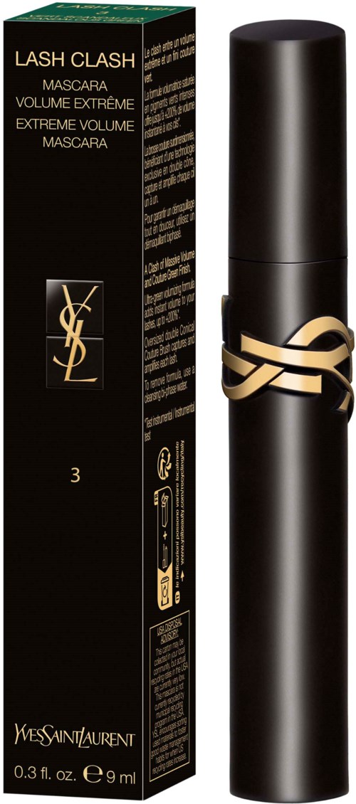 Eine schwarze zylindrische Flasche und eine Verpackung mit goldener und weißer Schrift, Marke Yves Saint Laurent für Mascara.