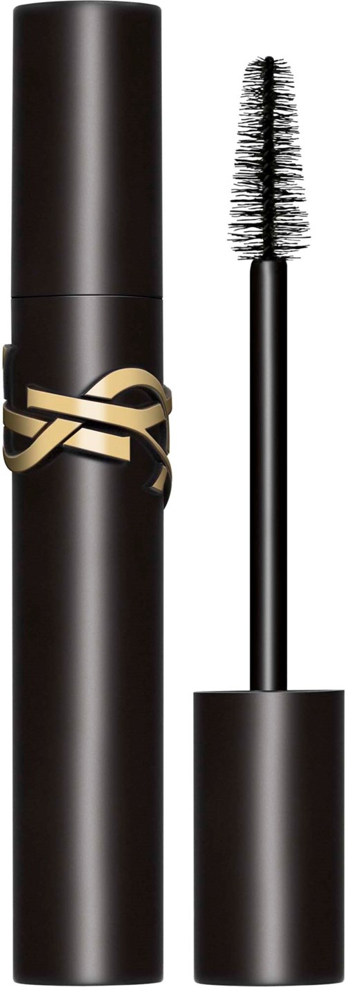 Eine schwarze Mascara-Packung mit goldenem Logo und Bürste.