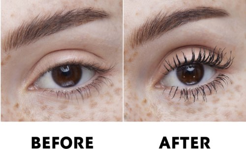 Vorher-Nachher Nahaufnahme eines Auges mit Wimpernverlängerung und Make-up.