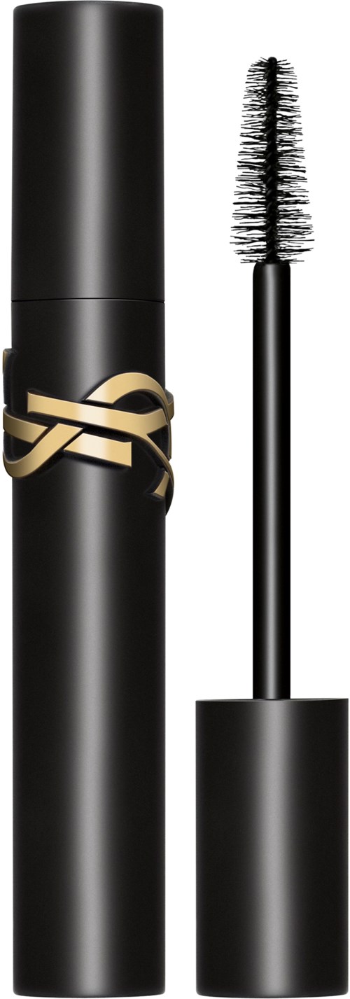 A black mascara tube with a gold YSL logo, and the brush is shown beside it.