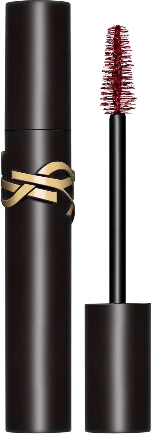 Ein schwarzer Mascara-Tube mit Gold-YSL-Logo und offener Bürste mit rotem Mascara. Kompakt und schick.