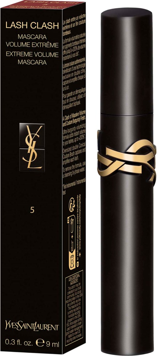 Yves Saint Laurent Wimperntusche in schwarzem Röhrchen mit goldenen Akzenten, neben der schwarzen Verpackung.