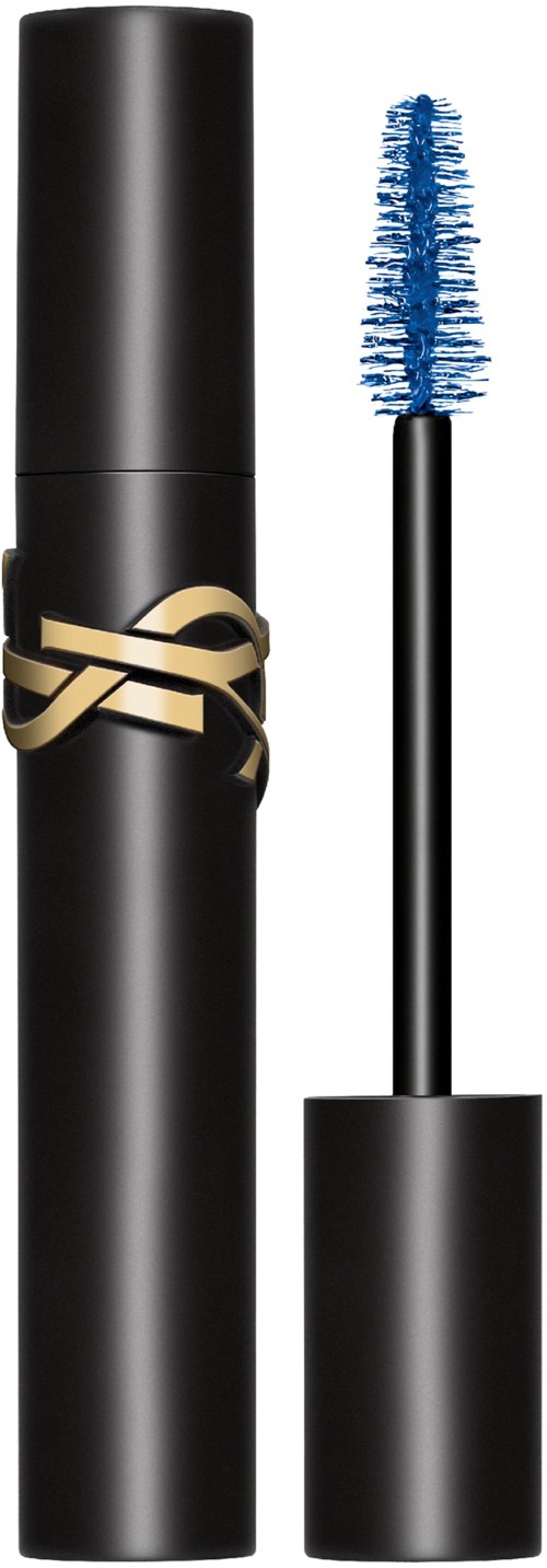 Ein schwarzer Zylinder mit einem goldenen Logo und eine blaue Wimpernbürste daneben.