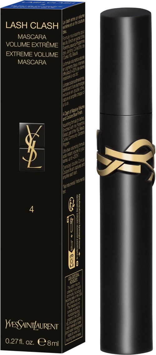 Schwarzer Yves Saint Laurent Wimperntusche-Röhre mit Goldlogo und schwarze Verpackung mit Gold- und WeißTEXT.