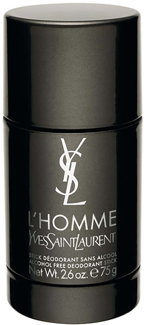 Zwarte YSL-deodorantstickhouder met witte tekst en logo, voor mannen, alcoholvrij, 75 gram.