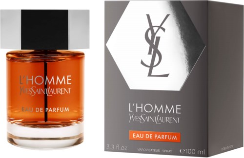 Yves Saint Laurent L'Homme parfumfles en doos met zilver en oranje kleuren.