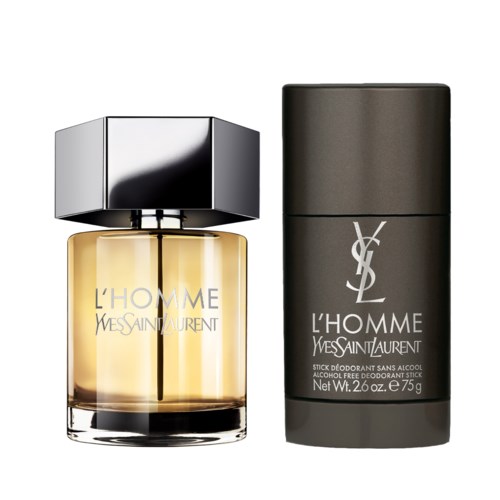 Een parfumfles met een zwarte dop en een deodorantstick, beide van Yves Saint Laurent L'Homme lijn.