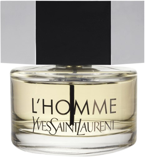 En parfymflaska märkt L'HOMME YVES SAINT LAURENT med svart lock och genomskinligt glas.