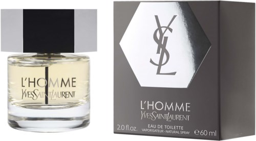 Een parfumfles en doos van Yves Saint Laurent L'Homme naast elkaar.