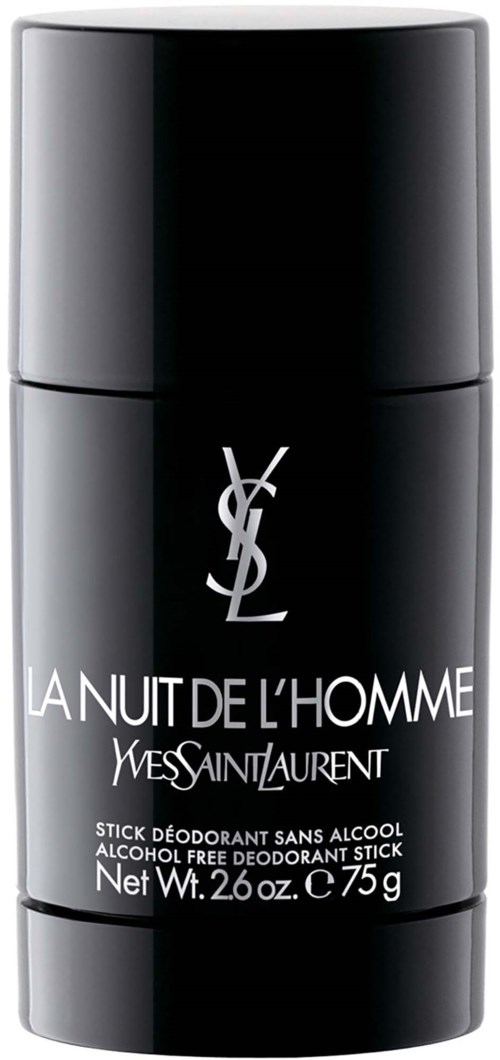 Een zwarte Yves Saint Laurent deodorantestick met witte en zilveren tekst, die aangeeft dat het alcoholvrij is.
