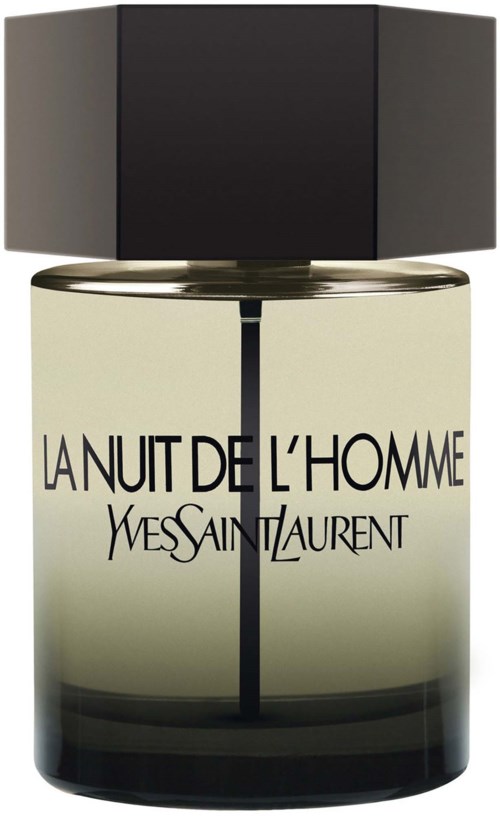 Een parfumfles met een zwarte dop en doorzichtig glas met de tekst 'La Nuit De L'Homme' van Yves Saint Laurent.