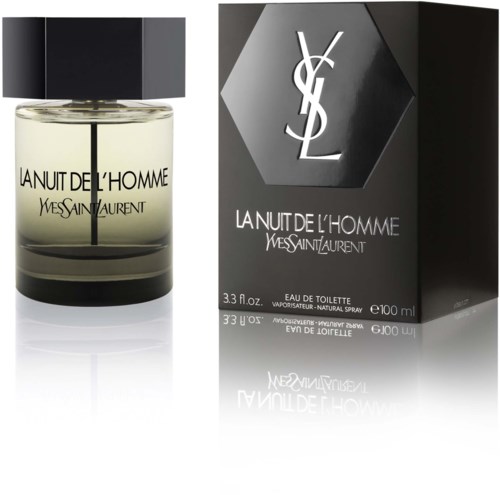 Een parfumfles en doos voor Yves Saint Laurent's La Nuit De L'Homme. De doos is zwart en grijs met een YSL-logo.
