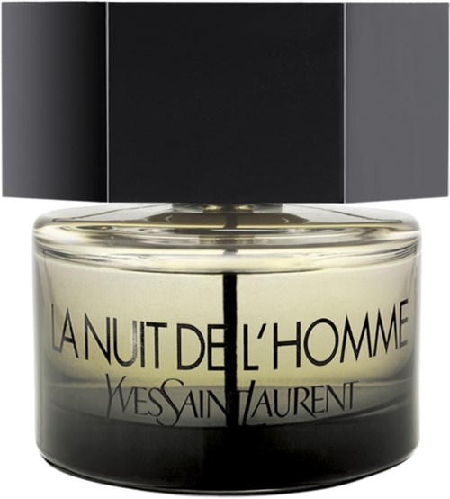 En parfyllflaska med svart lock och etikett. Etiketten visar namnet "L'Homme" av Yves Saint Laurent.