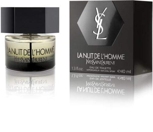 En parfyllika och dess förpackning, båda märkta "L'Homme" av Yves Saint Laurent.