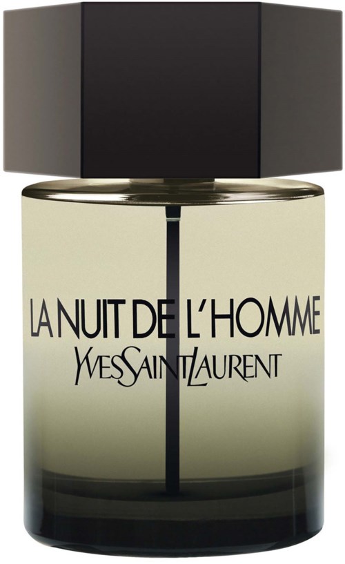 Een parfumfles met een zwarte dop en doorzichtig glas met Yves Saint Laurent-logo.