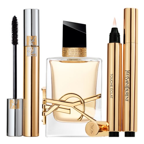 Een collectie luxe make-up- en parfumflesjes in goud, zwart en zilver met verschillende vormen en maten.