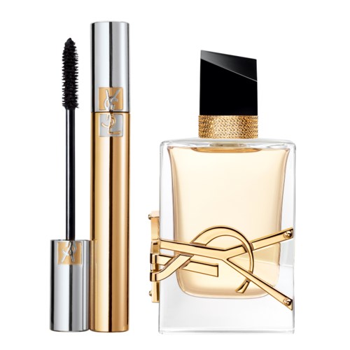 Een mascara en een fles YSL-parfum met gouden accenten en zwarte dop.