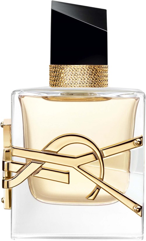 A perfume bottle with a black cap and gold accents, containing a light-colored liquid.