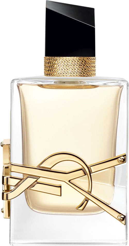 A clear perfume bottle with a black and gold cap, and a gold chain decor.
