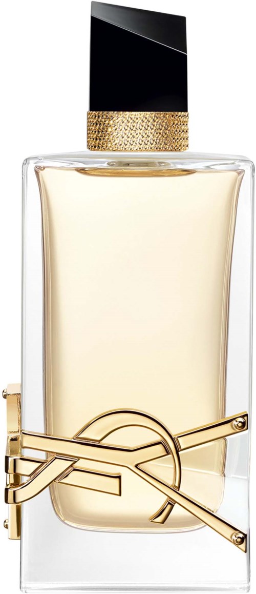 Elegant perfume bottle with gold accents and a black cap, filled with light-colored perfume.