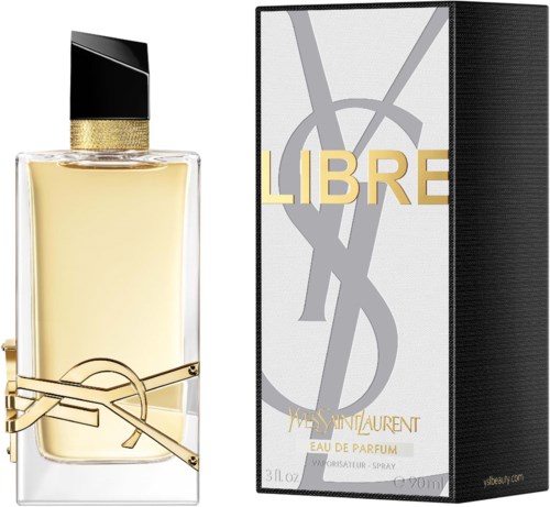 En parfymeflaske med svart lokk og gulldetaljer, ved siden av en eske med Yves Saint Laurent Libre-logo.