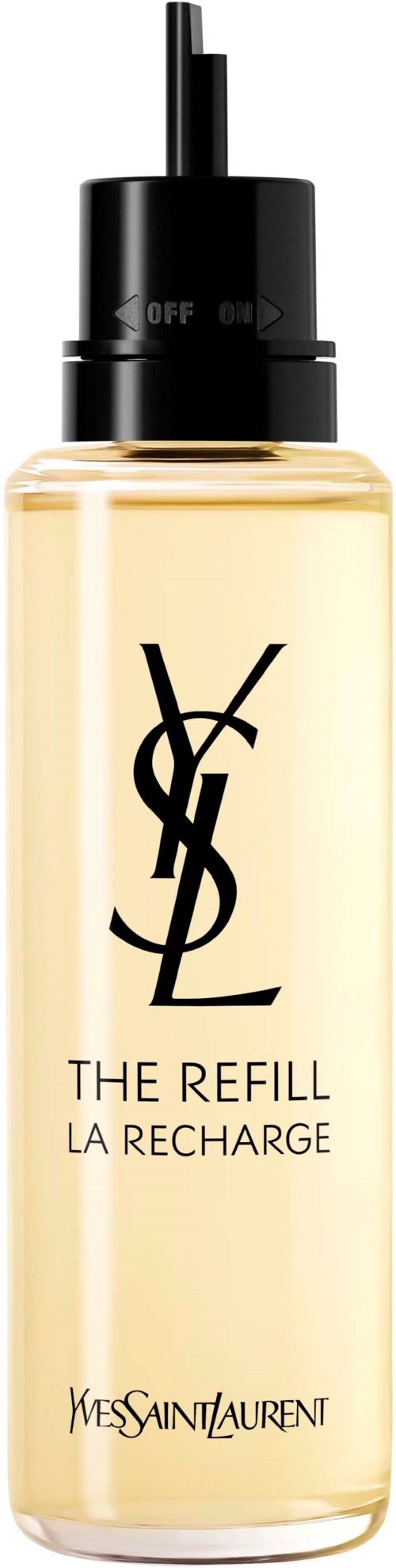 Eine YSL-Lippenstift-Refill-Flasche mit schwarzem Deckel und Logo, hellfarbige Flüssigkeit darin, vor schwarzem Hintergrund.