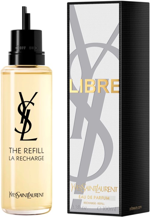 Yves Saint Laurent Libre Parfüflasche mit Schachtel, elegantes Schwarz-Weiß-Design und goldene Akzente.