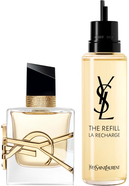 Twee parfumflesjes, een met een zwart en goudkleurig deksel, en de andere met pipet, beide van Yves Saint Laurent.